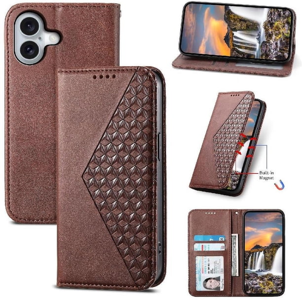 Funda Flip FOXDOCK para iPhone 16 , Estilo Billetera con Diseño Rombo, Correa de Mano y Soporte, Uso Diario
