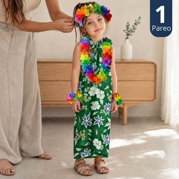 Traje Pareo Pascuense Hawaiano Verde con Accesorios Niña Fiestas Patrias