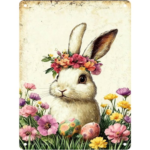Letrero estaño conejo Pascua retro conejo vintage metal hogar jardín sala decoración pared Pascua 20x30cm