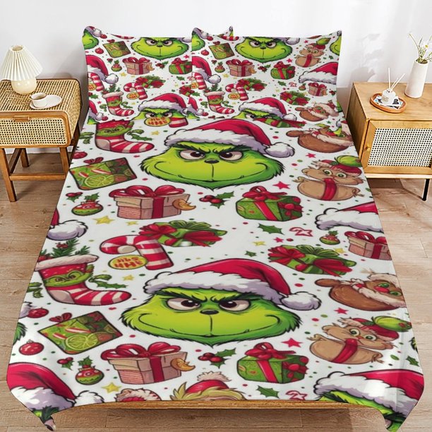 Grinch Bedding Sets Ultra Soft Skin-Friendly Duvet Cover 3 Piece, Cute Comforter Cover Bed Set for Boys Girls Kids