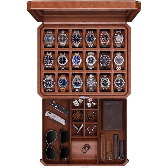 Estuche de reloj ROTHWELL de 18 ranuras con cajón para hombre, tapa de cristal