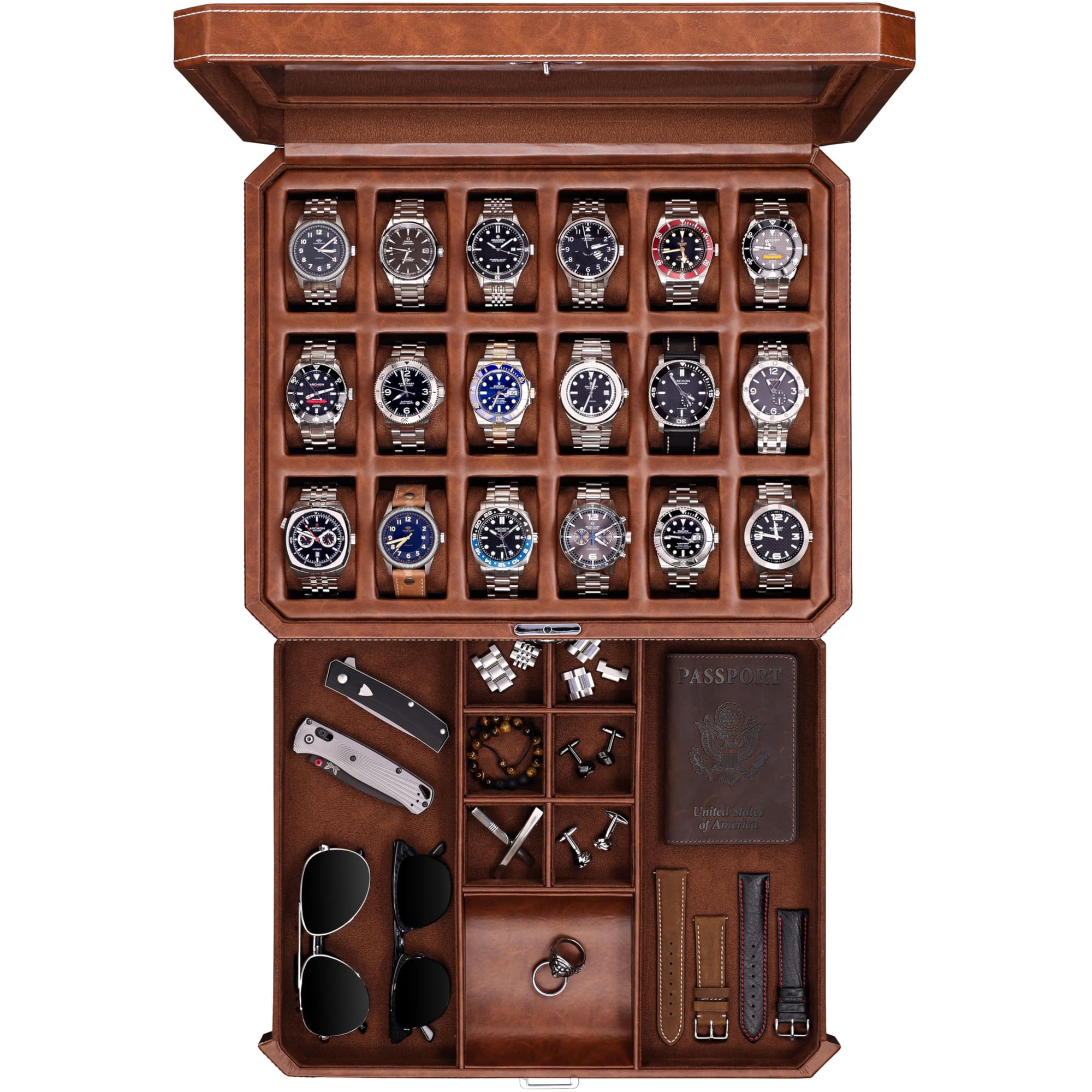 Estuche De Reloj Rothwell De 18 Ranuras Con Cajón Para Hombre, Tapa De Cristal