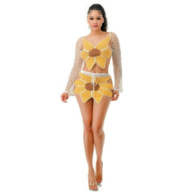 Conjunto De Top Y Falda Con Cordón Ajustable En La Espalda De Manga Larga Y Cuello En V De Crochet Con Girasoles Blanco (para Mujer)