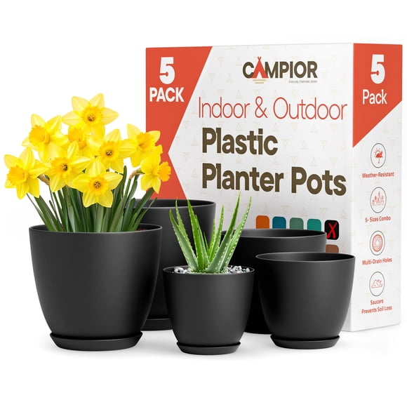 Macetas Campior de plástico con drenaje, 5 unidades, negras, 18-12 cm