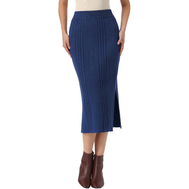 INSPIRE CHIC Falda de Punto Trenzado para Mujer con Cintura Elástica, Línea A, Abertura Lateral, Falda Maxi de Punto Acanalado Casual M Púrpura Oscuro