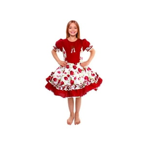 Wanny - Vestido Huasa Chinita Floreado Burdeo/Blanco Blanco 5-6 Años