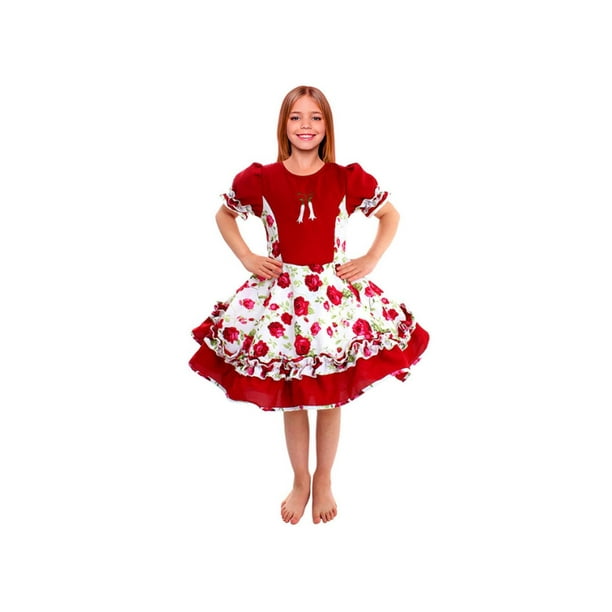 Vestido Huasa Chinita Floreado Burdeo/Blanco blanco 5-6 Años