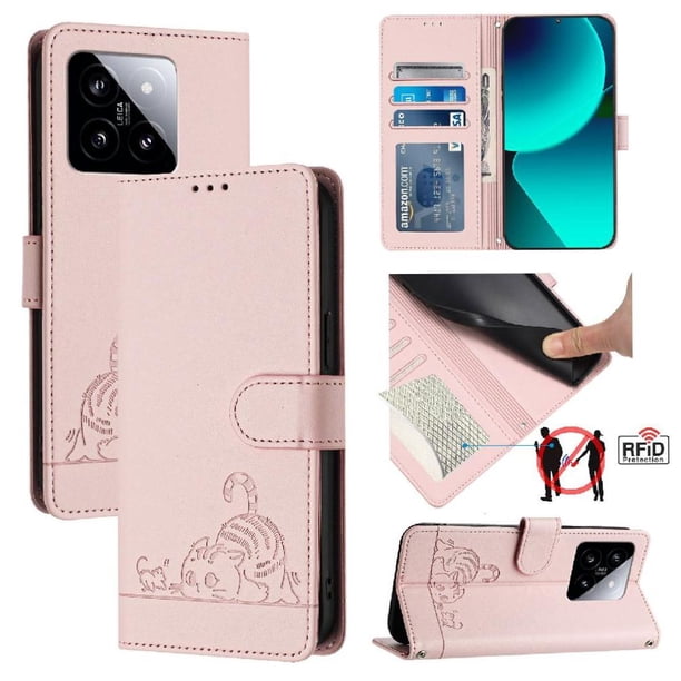 Funda tipo cartera FOXDOCK para Xiaomi 14 5G con soporte, ranuras, RFID, diseño de gato