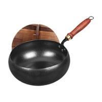 Magideal - Sartén Wok Chino Sartén Para Saltear De Fondo Plano Wok De Hierro Con Mango De Madera Ergonómico Para Agarre Seguro Adecuado Para Cocinas De Inducción Con Tapa