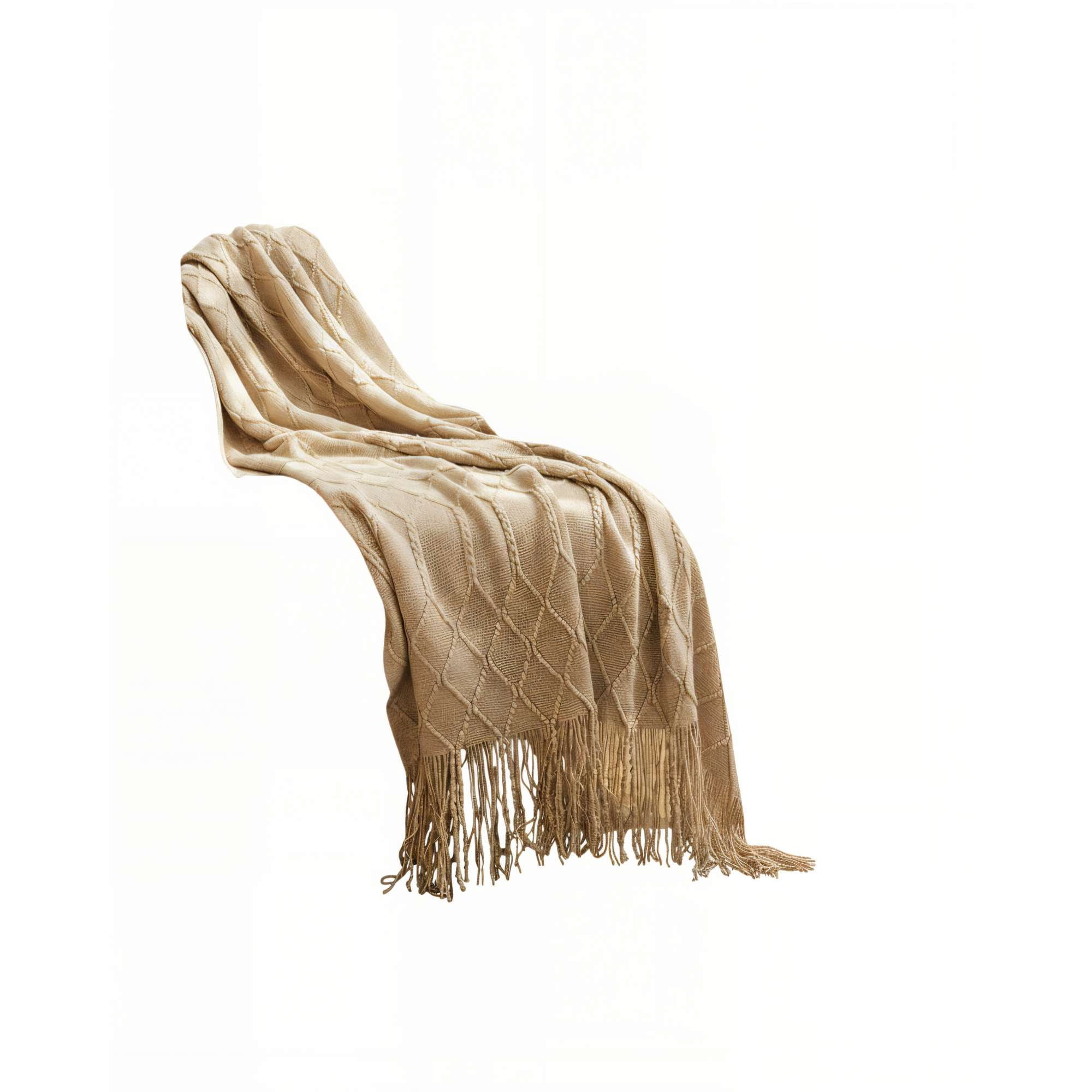 Genérico - Manta Decorativa Con Flecos Y Tejido De Rombos En Relieve Color Beige