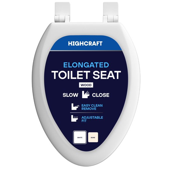 HIGHCRAFT Asiento de Inodoro Elongado de Madera Premium con Cierre Lento Blanco