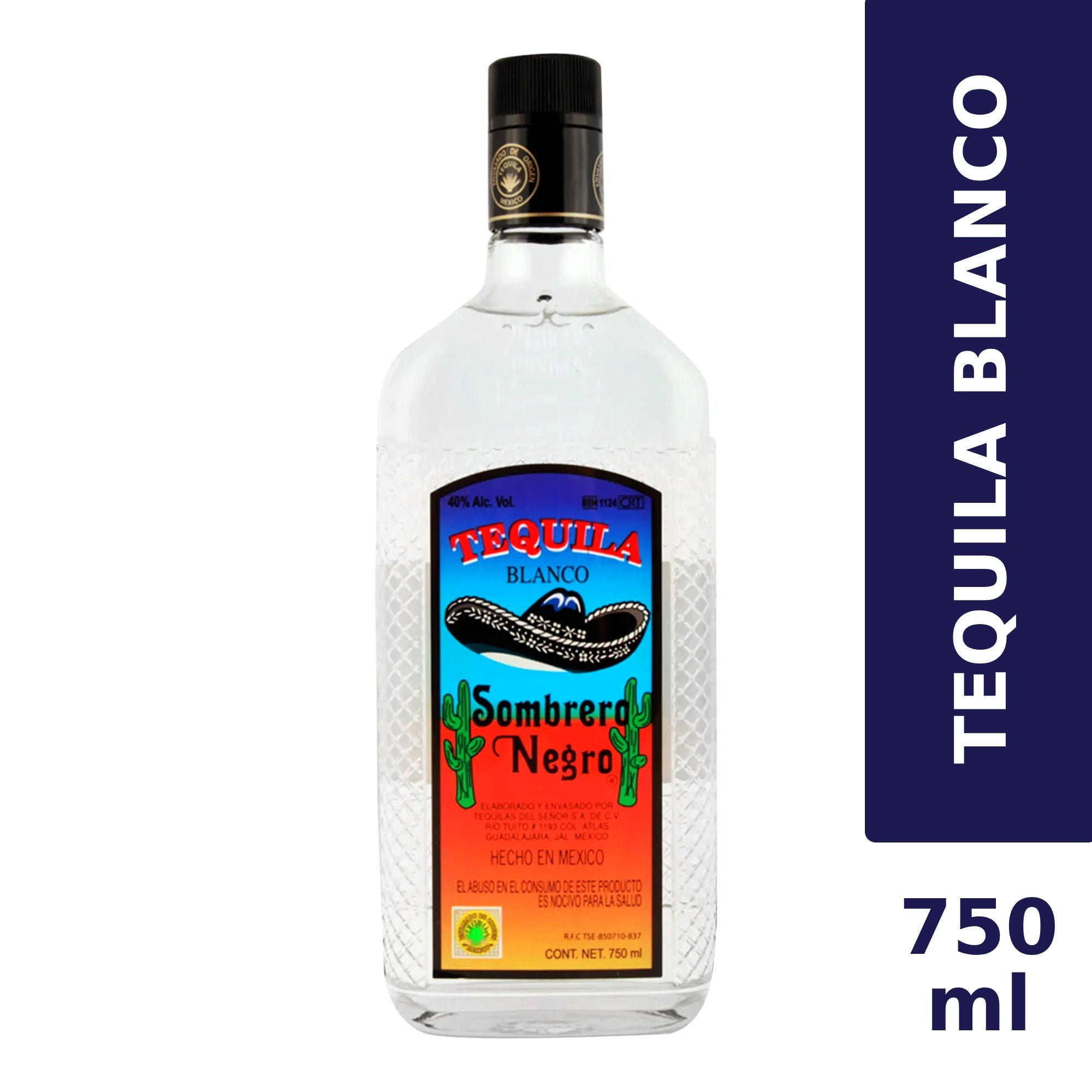 Tequila Blanco 38° Botella 750 ml Sombrero Negro