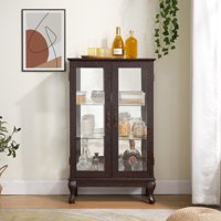 M&Ms - 2 Doors Curio Cabinet With Tempered Glass Doors, Curio Cabinets With Mirrored Back Panel And Adjustable Shelves, Lighted Display Cabinet For Home, Office Light Bulb Included Cherry