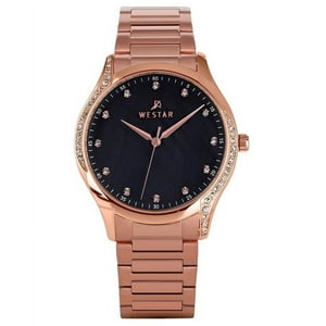Reloj Westar Zing Crystal Accents Rose Gold Tone Stainless Steel Black Mother Of Pearl Dial Quartz 00127Ppn613 Women'S Watch