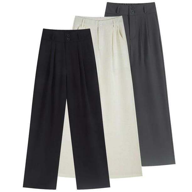 Pack 3 Pantalone Vestir Tiro Alto,pantalones Pierna Ancha Unicolor