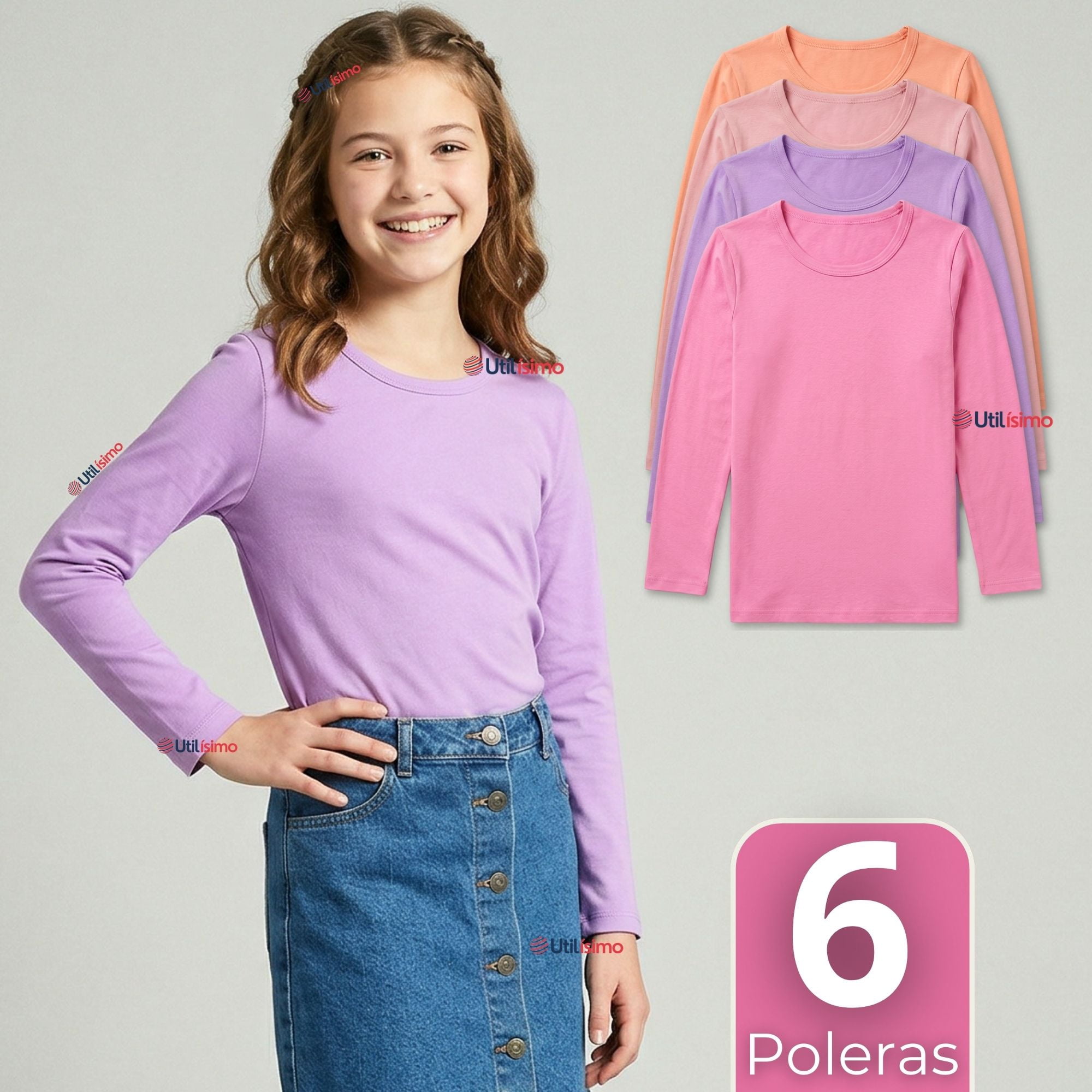 Utilisimo - Pack 6 Camisetas Poleras Bambú Cuello Redondo Primera Capa Manga Larga Colores Surtido Niña