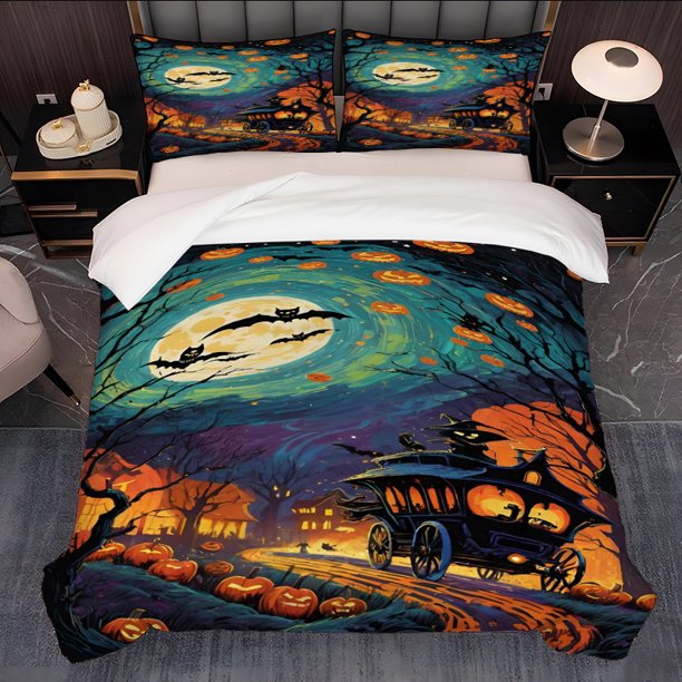3pcs Halloween Fantasy Illustration Bedding Duvet Cover and Pillowcases with Multicolor Prints