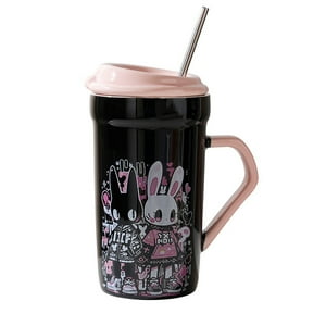 El Edén - Mug De Cerámica, Con Tapa Y Bombilla, Kawaii 470 Ml Color Negro