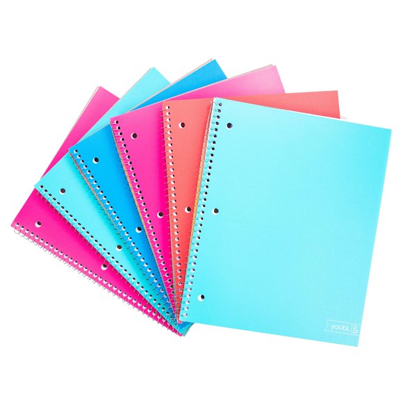 Juego de cuadernos en espiral Yoobi, 1 tema, 8 x 10.5 pulgadas, 100 hojas, paquete de 6