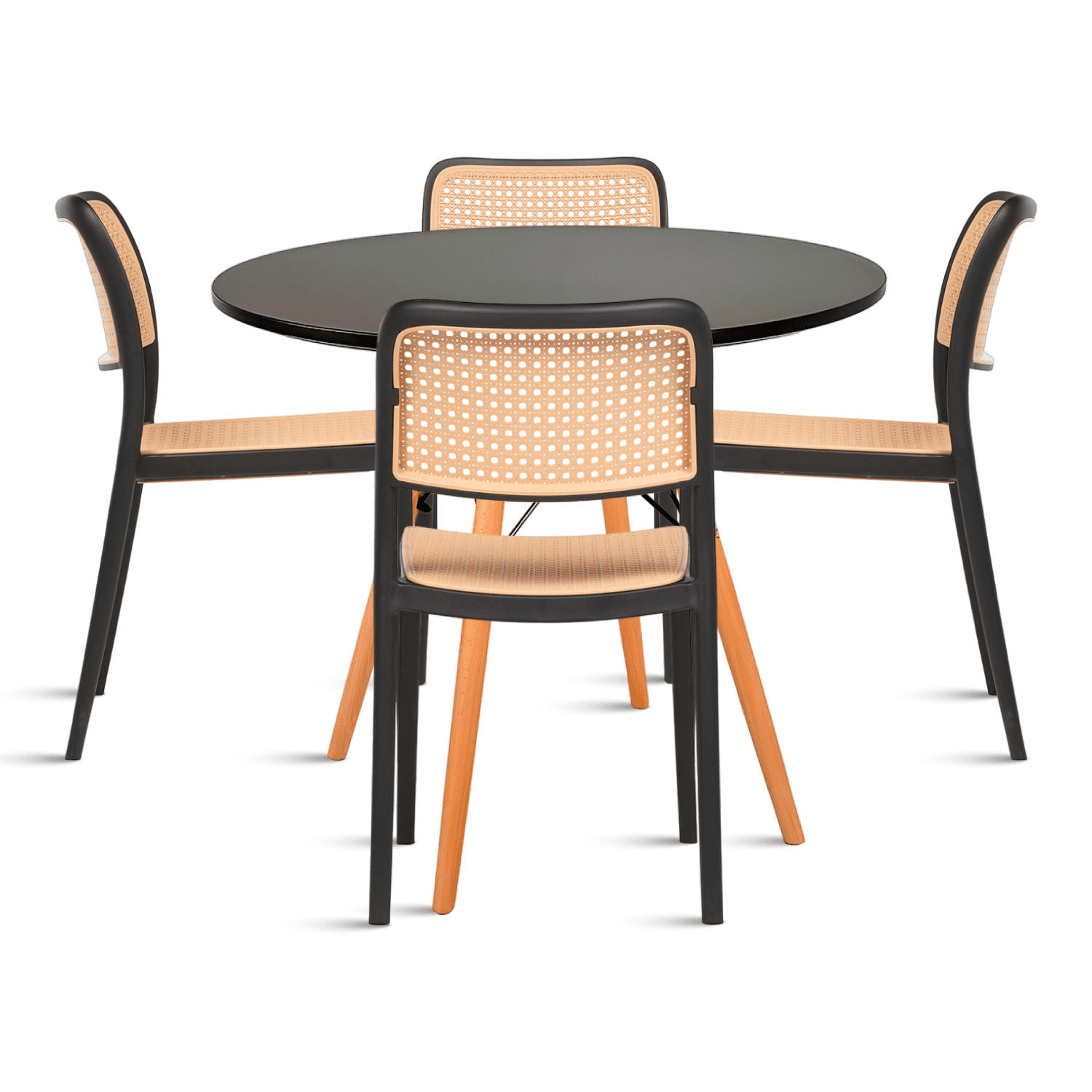Klik Muebles - Comedor Eames 80cm Redonda Negra + 4 Sillas De Comedor Enrejada
