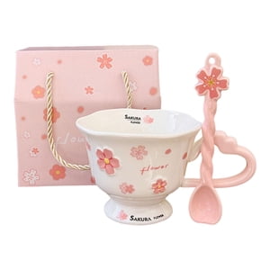 Magideal - 2 Piezas Taza De Café Taza De Cacao Taza De Flores Vaso De Cerámica Con Cuchara De Cerámica Robusta Y Diseño Floral Adecuado Para Regalos De Cumpleañ Blanco