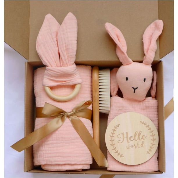 Set de regalo PLUS hermoso (5 ítems: Manta muselina, tuto conejito, mordedor de madera, cuelga chupete, Adorno hello baby)