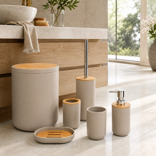 Set De Baño Completo 6 Piezas De ABS Y Bambu Con Basurero Dispensador Y Escobilla Color Taupe