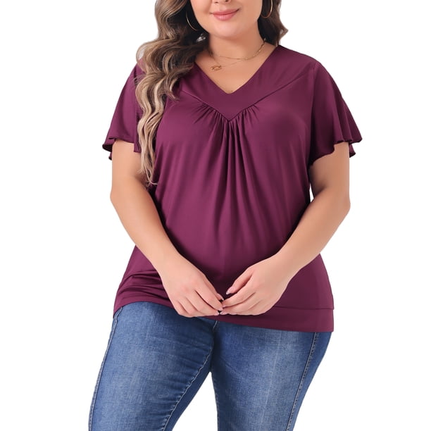 Agnes Orinda Camiseta de Talla Grande para Mujer con Cuello en V y Mangas Cortas con Volantes Camiseta de Verano 1X Rojo Púrpura