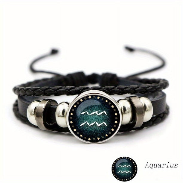 Luminous Twelve Constellation Artificial Gemstone Bracelet ,Beaded Rope PU Leather 12 Constellation Woven Bracelet