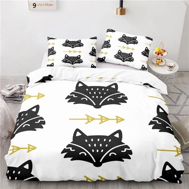 v1368 Bed Sheets Cute Little Fox Printed Bedding Set Children Boys Girls Cartoon Bed Linen Set Europe/Australia/USA Pillowcase & Duvet Cover Sets 3-Piece Bedding Set (1 Duvet Cover + 2 Pillow Shams) B