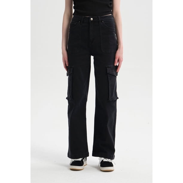 Jeans Mujer Cargo Calce Recto Negro