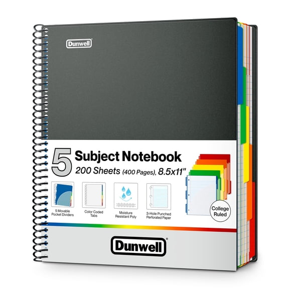 Cuaderno Dunwell de 5 asignaturas con reglas universitarias, 21,6 x 27,9 cm, 400 páginas