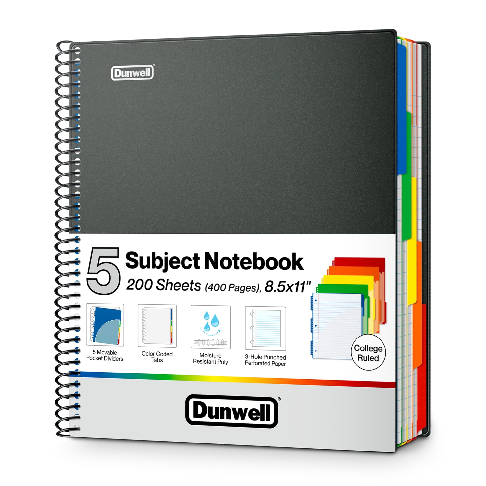 Cuaderno Dunwell De 5 Asignaturas Con Reglas Universitarias, 21,6 X 27,9 Cm, 400 Páginas