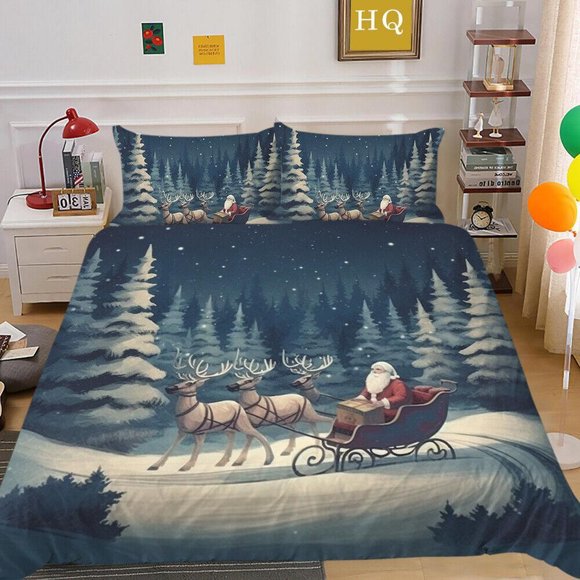 Cartoon Snow Christmas Tree Santa Claus Reindeer Quilt Duvet Cover Set3-Piece Bedding Set