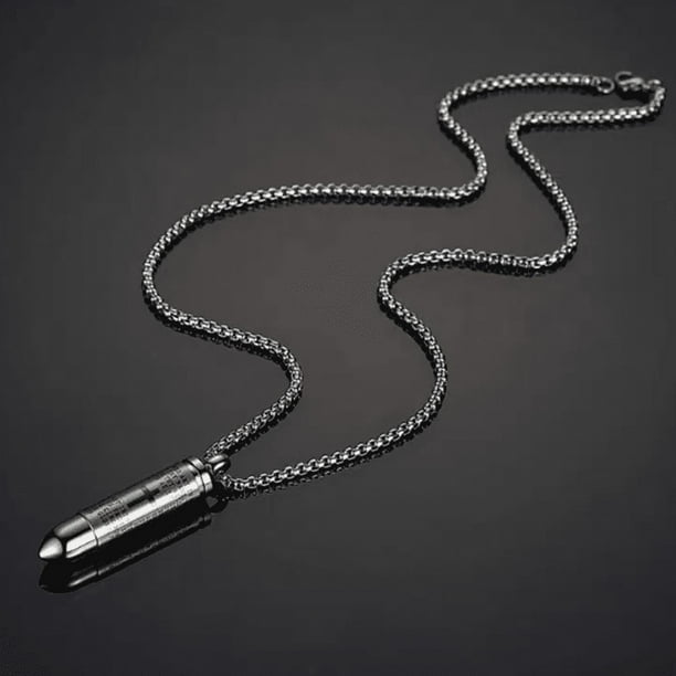 1pc Stainless Steel Bullet Pendant Necklace with Cross and Lords Prayer in English - 22 Inch Chain for Men