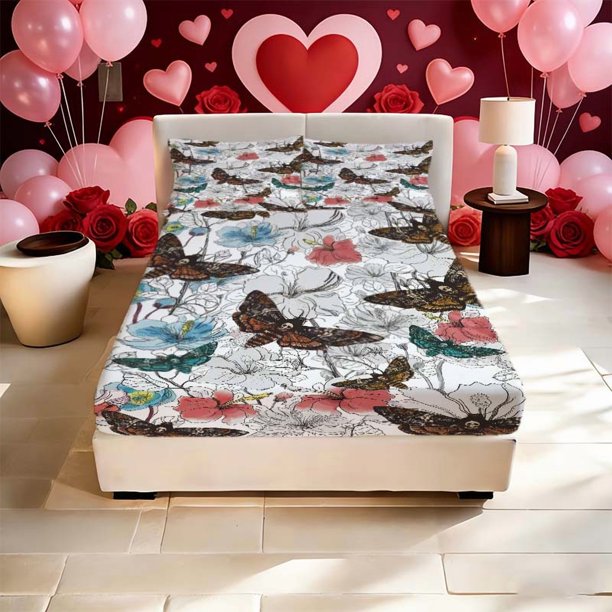 Skull Moth Floral Print Fitted Sheet Set Including a Soft Fitted Sheet and Two Pillowcases Suitable for All Seasons An Ideal Choice for Home Bedrooms and Guest