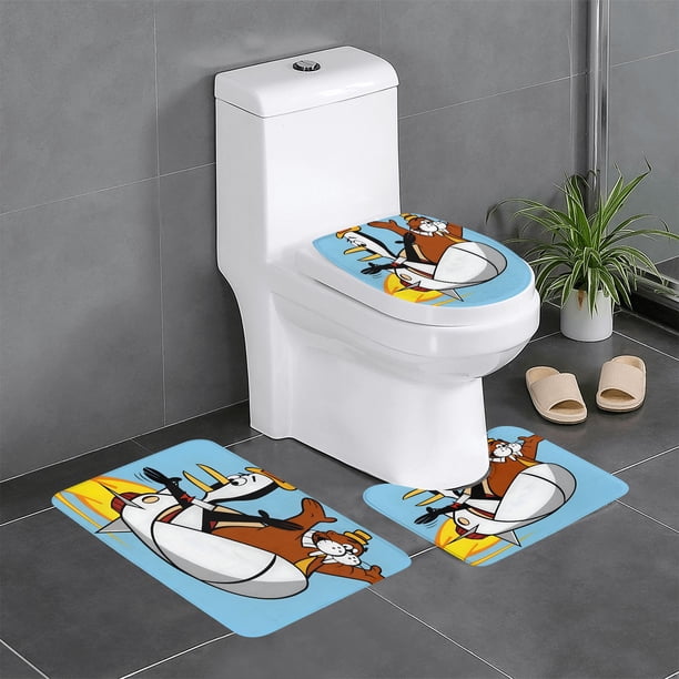 Tennessee Tuxedo y Sus Cuentos Juego de 3 alfombras de baño de coral fleece: tapete de baño + alfombra de inodoro en forma de U + funda de tapa de inodoro en forma de O