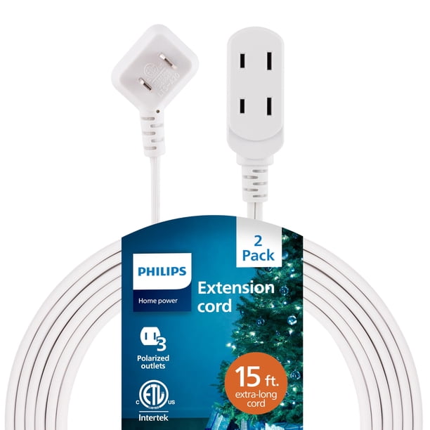 Cable de extensión Philips, paquete de 2 enchufes de pared plana de 15 pies y 3 salidas