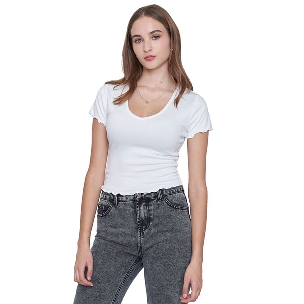 Polera Mujer M/C Rib Cuello V Roulette Blanco Corona