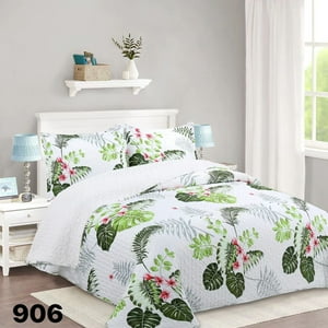 Genérico - Cubrecama Quilt Sherpa 2 Plazas - Blanco Verde Hojas M906