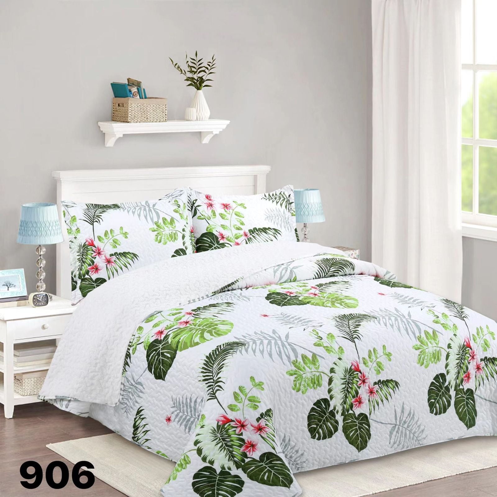 Genérico - Cubrecama Quilt Sherpa 2 Plazas - Blanco Verde Hojas M906