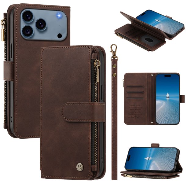 Funda Cartera iPhone 18 Pro Max con Ranuras y Cierre Magnético, Marrón