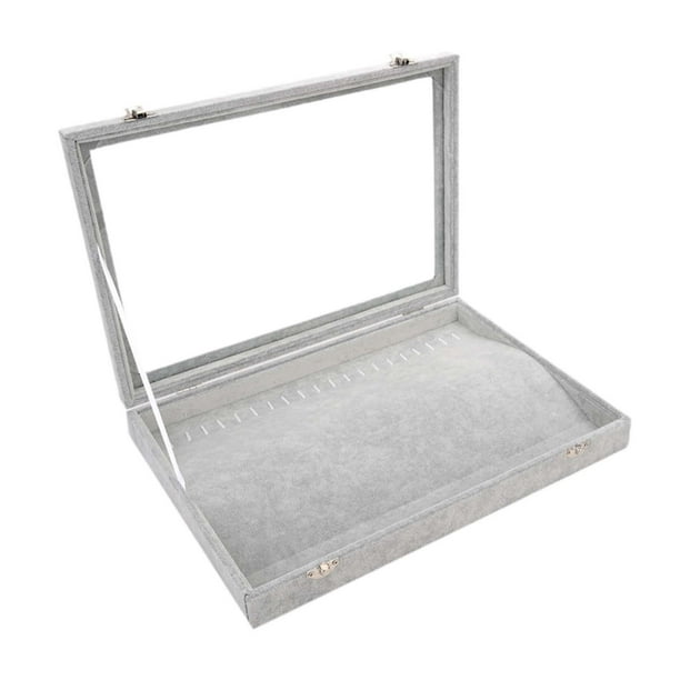 Caja de almacenamiento de joyas, bandeja de joyería con tapa transparente, soporte para presentación de joyería para anillos, pendientes, collares, pu Gris