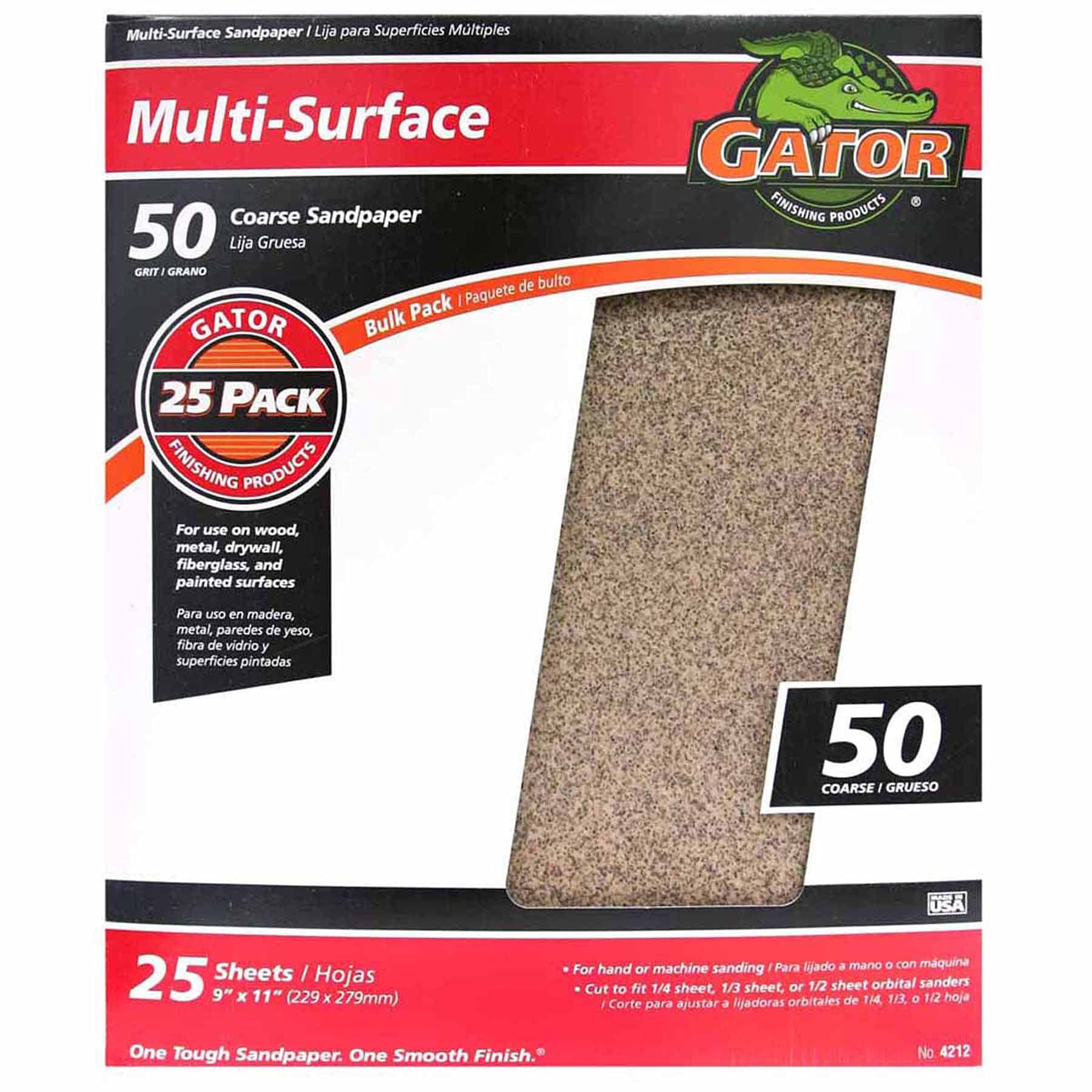 Gator Finishing Products - Hojas De Lijado Gator Multi-surface, Grano 50, 23 X 28 Cm, Paquete De 25