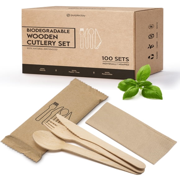 Cubiertos de madera Purpleclay 300 piezas ecológicas y compostables