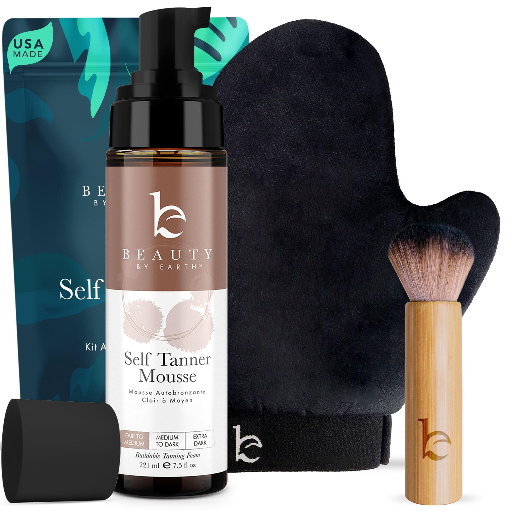 Kit De Mousse Autobronceadora Beauty By Earth Con Brocha Y Manopla