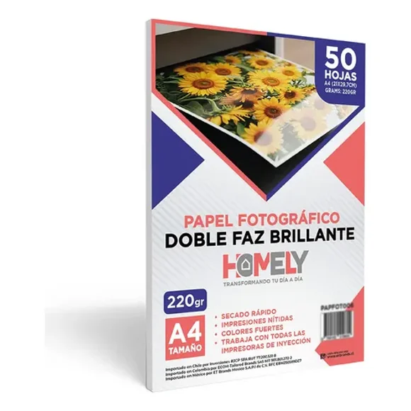 Papel Fotografico Doble Faz Brillante A4 220gr Homely 50hjs Blanco