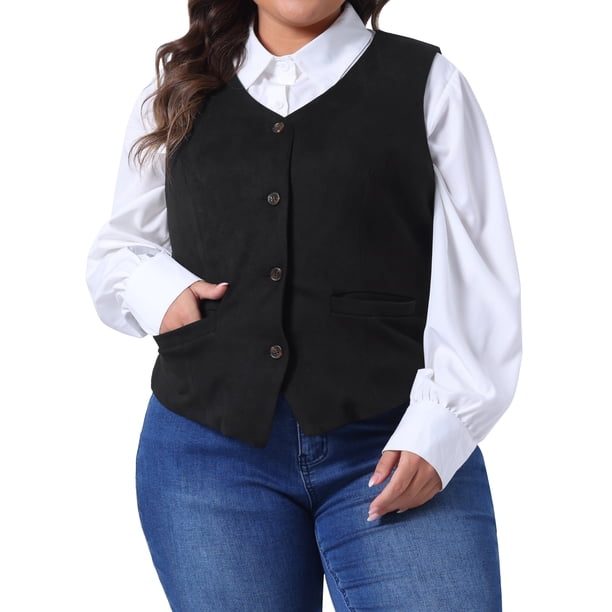 Agnes Orinda Trajes de Halloween Chalecos de Mujer Tallas Grandes Cuello en V Totalmente Forrado Botones Vestido de Trabajo Chaleco de Esmoquin 1X Negro