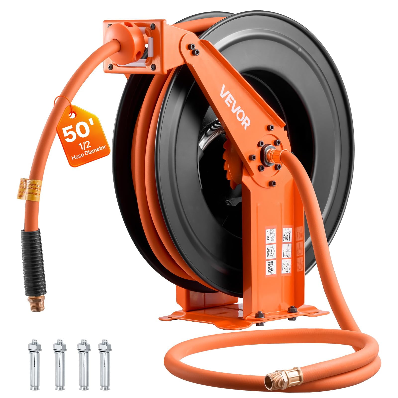 Manguera De Aire Retráctil Vevor, 1/2 Pulgada X 50 Pies, Caucho, 300 Psi