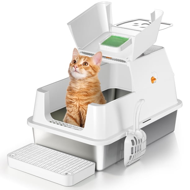 Caja de arena para gatos Eosarcu de acero inoxidable con tapa abatible XL, color blanco